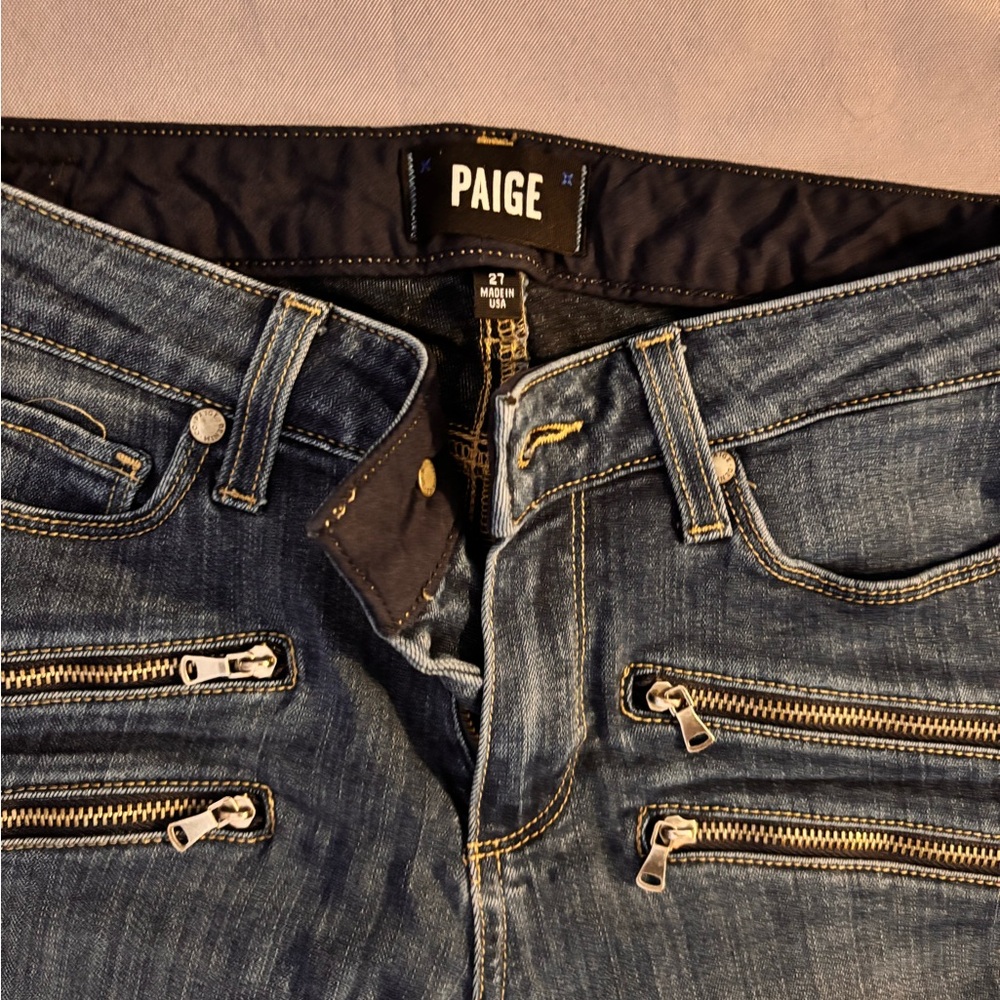 PAIGE Women's Skinny Jeans in Dark Blue Denim with Silver Zippers